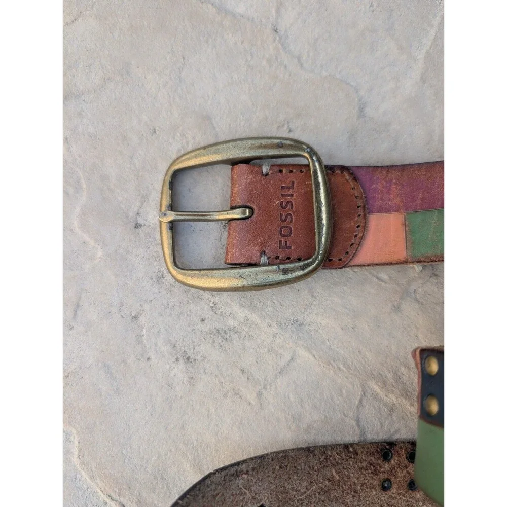 Fossil Belt Leather Patchwork Brass Rivets and Buckle Small 37 inches